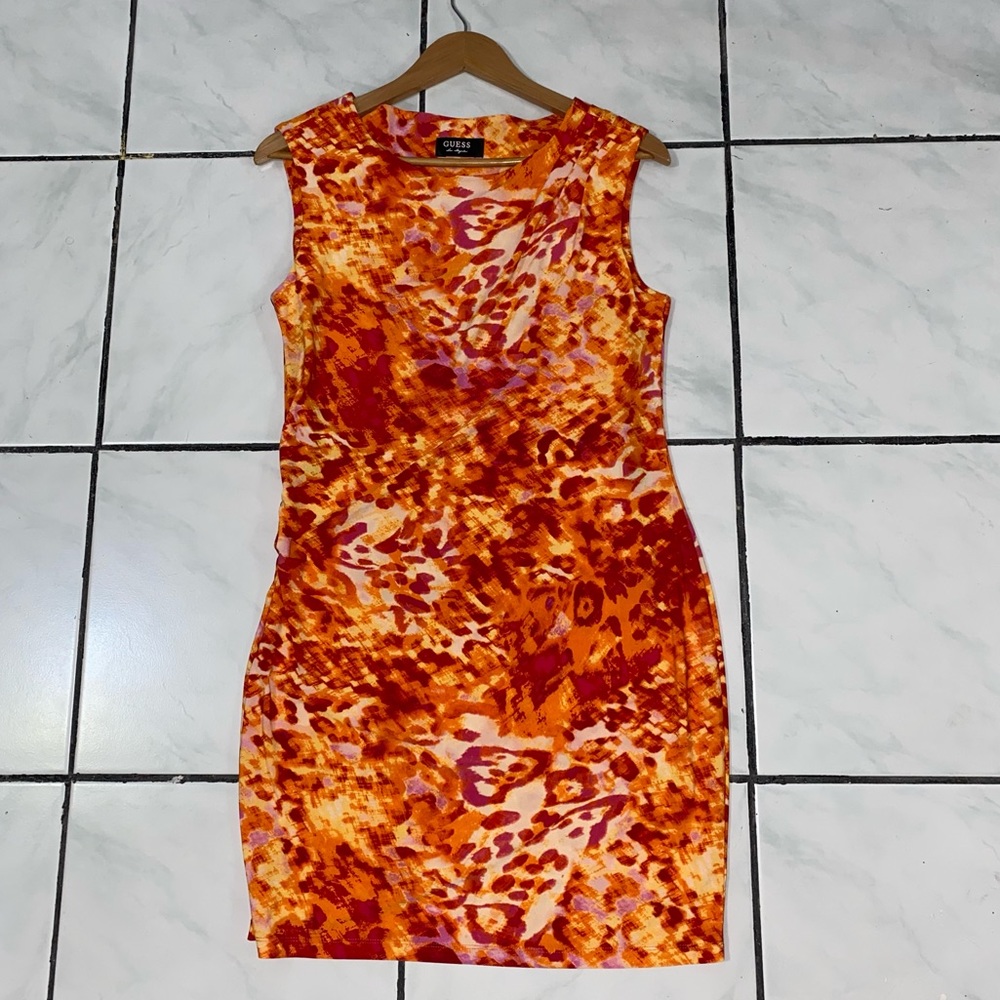 🔥 Guess; Fiery Orange and Pink Red Sleeveless Ruched D…